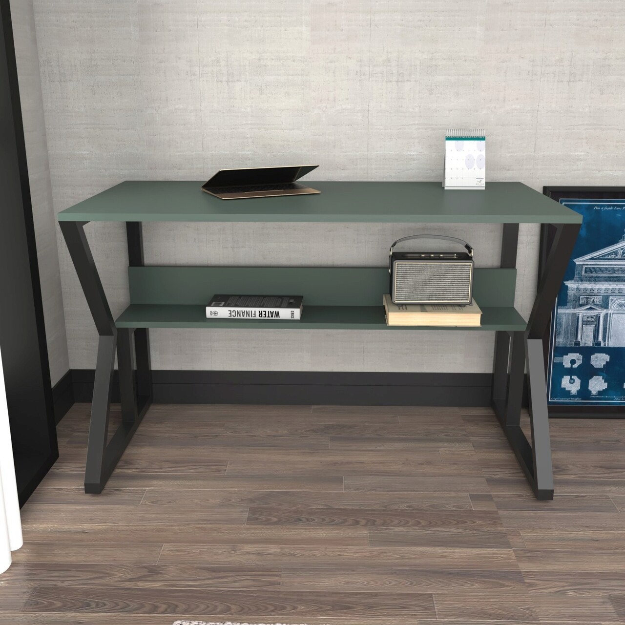 Birou, Hanah Home, Wake, 120x72.8x60 cm, Verde/Negru - imagine 7